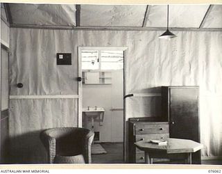 LAE, NEW GUINEA. 1944-09-21. A SECTION OF THE INTERIOR OF THE QUARTERS BUILT FOR GENERAL SIR THOMAS BLAMEY, CBE, KCB, CMG, DSO, VD, COMMANDER, ALLIED LAND FORCES, SOUTH WEST PACIFIC AREA