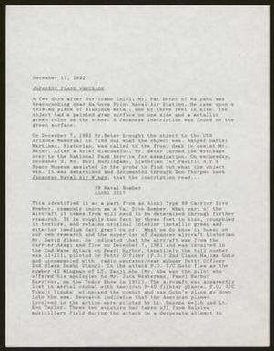 [Summary of Metal Artifact from Val A1-211 by Daniel Martinez, December 11, 1992]