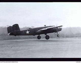 NEW GUINEA, 1942-08-10. AN AMERICAN BOMBER TAKES OFF FROM A NEW GUINEA AIRFIELD FOR A RAID OVER JAP OCCUPIED TERRITORY