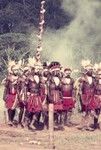 Men in full regalia parade with their pearlshells and baler shell valuables, prior to a ceremony