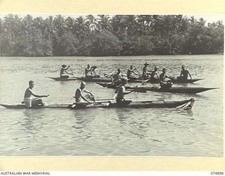 MILILAT, NEW GUINEA. 1944-07-22. TROOPS OF THE 5TH SURVEY BATTERY, SETTING OUT IN THEIR NATIVE LAKATOIS ON A FOOD BUYING EXPEDITION TO THE NEARBY ISLANDS