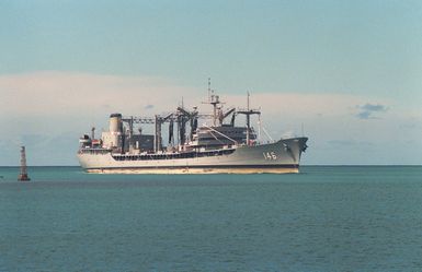 The fleet oiler USNS KAWISHIWI (T-AO-146) enters the channel as it arrives for a visit to Naval Station, Pearl Harbor, Hawaii.