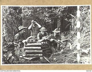 FARIA RIVER AREA, NEW GUINEA. 1943-11-07. THE MORTAR DETACHMENT OF THE 2/27TH AUSTRALIAN INFANTRY BATTALION ASSISTING THE FIGHTING PATROL OF C COMPANY BY PUTTING OVER HARASSING FIRE FROM A 3 INCH ..