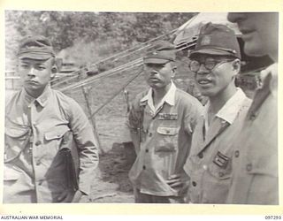 BUIN AREA, BOUGAINVILLE. 1945-09-13. HIGH RANKING JAPANESE STAFF OFFICERS WHO ATTENDED THE FIRST OF A SERIES OF CONFERENCES WITH MEMBERS OF THE AUSTRALIAN SURRENDER PARTY FROM HEADQUARTERS 2 CORPS ..
