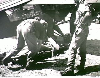 THE SOLOMON ISLANDS, 1945. A WOUNDED AUSTRALIAN SOLDIER ON BOUGAINVILLE ISLAND BEING PLACED ON A STRETCHER AFTER EVACUATION IN RAAF AUSTER AIRCRAFT A11-3. (RNZAF OFFICIAL PHOTOGRAPH.)