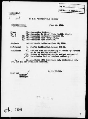 PORTERFIELD - AA Act Rep, 6/15/44, East of Saipan Island, Marianas