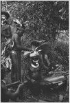 Pig festival, uprooting cordyline ritual, Tsembaga: men adorn themselves for ritual, wearing feather headdresses, man on left wears wig