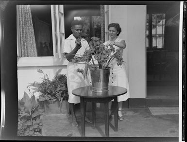 Staff arranging flowers at Nadi Hotel, Fiji