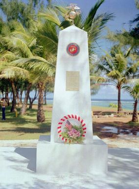 A wreath lies at the base of the Congressional Medal of Honor Monument in memory of four Marines who performed above and beyond the call of duty while fighting Japanese troops during World War II. They are Captain Louis Wilson, Jr., Private First Class (PFC) Leonard Mason, PFC Luther Skaggs and PFC Frank Witek