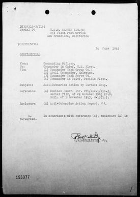 USS MARTIN - Report of A/S action while escorting convoy enroute from Eniwetok, Marshall Islands to Ulithi, Caroline Islands, 6/21/45