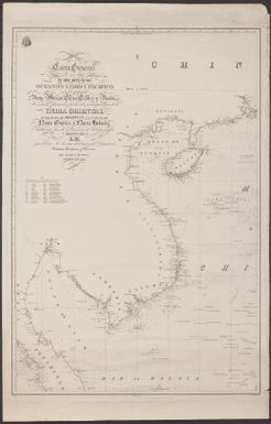 Carta general en seis hojas de una parte de los oceanos Indio y Pacifico con los mares de Java, Malaca, China, Celebes y Banda los estrechos formados por las islas y archipielagos de la India oriental incluso el de Filipinas y las islas de Nueva Guinea y Nueva Holanda / publicada por la Direccion de Hidrografia y presentada á S.M. por el Exmo. Sr. secretario de Estado y del despacho de Marina, Comercio y Ultramar Don Joaquin de Frias