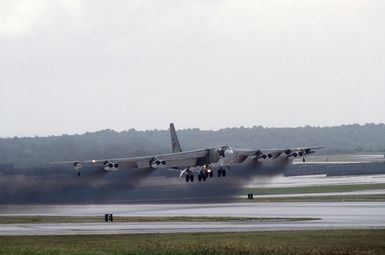 A 43rd Strategic Wing B-52G Stratofortress aircraft takes off for an aerial mining mission over South Korea during Exercise TEAM SPIRIT '85