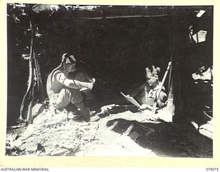 BOUGAINVILLE ISLAND. 1945-02-12. QX37946 SERGEANT F.E. KAY (1) AND N263105 PRIVATE A.H. WADE (2) "C" COMPANY, 9TH INFANTRY BATTALION READING THEIR MAIL AND THE AUSTRALIAN ARMY NEWSPAPER, "GUINEA ..