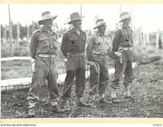 MADANG, NEW GUINEA. 1944-07-08. OFFICERS OF C COMPANY, 24TH INFANTRY BATTALION. THEY ARE:- VX85256 CAPTAIN F.L. SKINNER (1); VX104154 LIEUTENANT H.H. CASEY (2); VX104159 LIEUTENANT J.A. IRVING (3); ..