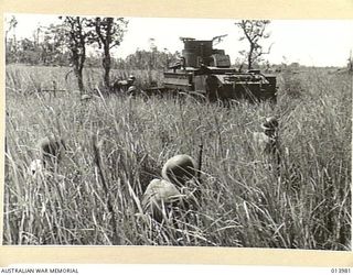 Troops crouch behind an M3 Stuart light tank as they wait to advance during the clearing out of pillboxes on the edge of Semini Creek