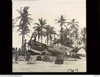 MOMOTE, LOS NEGROS ISLAND, ADMIRALTY ISLANDS, C. 1944-04. OFTEN TIMES KITTYHAWK AIRCRAFT MOTORS NEED A COMPLETE REPAIR JOB. IN THIS CASE A GROUND CREW OF NO. 76 (KITTYHAWK) SQUADRON RAAF DESCEND ON ..