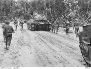 Bougainville, Solomon Islands. 1945. Australian-manned Matilda tanks of No. 7 Troop, B Squadron, 2/4 Australian Armoured Regiment AIF moving forward on Bougainville