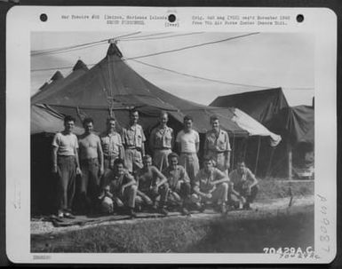 Personnel Of The 7Th Weather Squadron, Stationed On Saipan, Marianas Islands. They Are, Left To Right: S/Sgt. James G. Hamilton Of New York, New Yourk: Sgt. Edgar C. Bailey Of Reading, Pennsylvania; Lt. David S. Durst Of Petaluma, California: Lt. William (U.S. Air Force Number 70429AC)