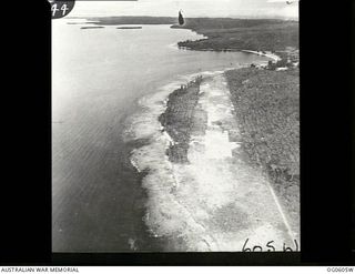 New Guinea. Aerial view of terrain along the coast showing palm trees either side of an airfield landing strip