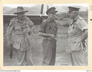 WEWAK AREA, NEW GUINEA, 1945-06-14. GENERAL SIR THOMAS A. BLAMEY, COMMANDER-IN-CHIEF, ALLIED LAND FORCES, SOUTH WEST PACIFIC AREA (3), IN CONVERSATION WITH LT-GEN F.H. BERRYMAN, CHIEF OF GENERAL ..
