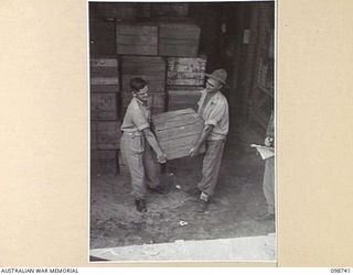 BORAM, NEW GUINEA. 1945-11-16. CORPORAL W. SMITH (1) AND PRIVATE S.E. TAYLOR (2), MEMBERS OF 3 BASE SUB AREA, AUSTRALIAN ARMY CANTEENS SERVICE, AT A WET ISSUING POINT LOADING CASES OF BEER ONTO A ..