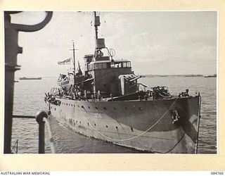 MIOS WUNDI, DUTCH NEW GUINEA. 1944-11-13. HMAS GLENELG VIEWED IN HARBOUR FROM HMAS STAWELL