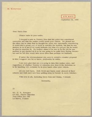 [Letter from Harris Leon Kempner to Uncle Dan, September 24, 1956]