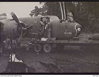 SOPUTA, NEW GUINEA. 1943-09-29. CRASHED MITCHELL BOMBER, "PI JOE" IN WHICH BRIGADIER R. B. SUTHERLAND WAS KILLED WHEN THE AIRCRAFT CRASHED ON "TAKE-OFF"