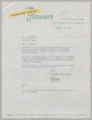 [Letter from Hawaiian Exotic Flowers to I. H. Kempner, December 18, 1953]