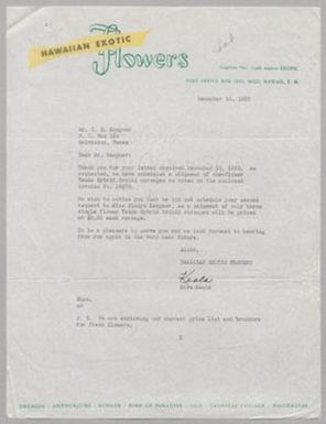 [Letter from Hawaiian Exotic Flowers to I. H. Kempner, December 18, 1953]