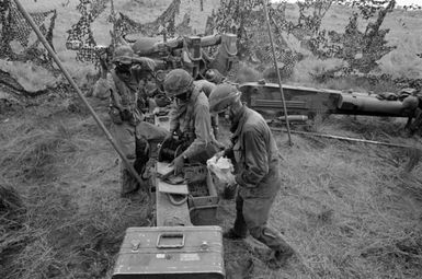 A fire team from the 1ST Battalion, 8th Field Artillery Regiment, sets up their M198 155 mm Howitzer during Exercise OPPORTUNE JOURNEY 2-86