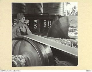 BUSU FOREST, LAE AREA, NEW GUINEA. 1944-07-26. A LOG BEING BROKEN DOWN INTO FLITCHES DURING MILLING OPERATIONS AT THE 2/3RD FORESTRY COMPANY, ROYAL AUSTRALIAN ENGINEERS