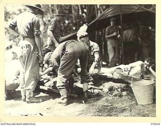 TSIMBA RIDGE, BOUGAINVILLE ISLAND. 1945-02-06. STRETCHER CASES, WOUNDED DURING AN ACTION AGAINST THE JAPANESE FORCES IN THE AREA, RECEIVING ATTENTION IN THE REGIMENTAL AID POST OF THE 31/51ST ..