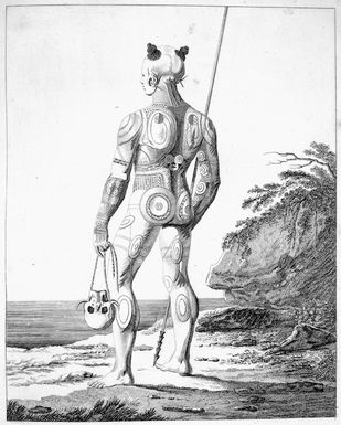 Artist unknown :Abbildung eines jungern, noch nicht vollig tatuirten Nukahivers von der Ruckseite. Achtes Kupfer. Frankfurt am Main, Friedrich Wilmans, 1812