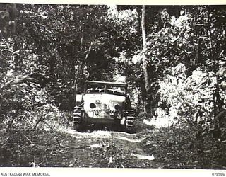 IP RIVER AREA, NEW BRITAIN. 1945-02-07. THIS JAPANESE TRACTOR, CAPTURED AND RECONDITIONED, IS NOW BEING USED BY MEMBERS OF THE 2/14TH FIELD REGIMENT FOR TOWING THEIR 25 POUNDER GUNS