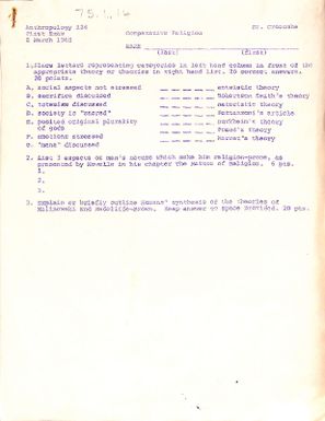 Anthropolgy 124 Comparative religion. First exam