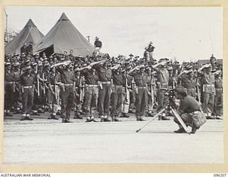 CAPE WOM, NEW GUINEA, 1945-09-13. LIEUTENANT-GENERAL H. ADACHI, COMMANDER 18 JAPANESE ARMY IN NEW GUINEA, FORMALLY SURRENDERED TO MAJOR GENERAL H.C.H. ROBERTSON, GENERAL OFFICER COMMANDING 6 ..