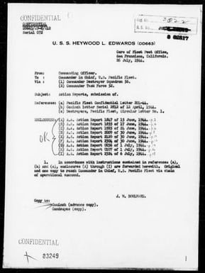 USS HEYWOOD L EDWARDS - AA Action Reports, Period 6/15/44 to 7/6/44 - Off Saipan Island, Marianas
