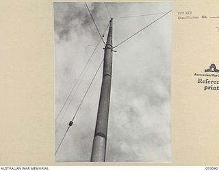LAE AREA, NEW GUINEA, 1945-06-15. AN IMPROVISED AERIAL MAST AT 19 L OF C SIGNALS. THIS SHOWS THE METHOD OF GUYING THE MASTS WHICH ARE FORMED FROM SECTIONAL STEEL TELEGRAPH POLES AT THE CORPS OF ..