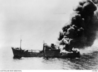 Bismarck Sea. 1943. Enemy shipping under attack by Allied aircraft during the battle of the Bismarck Sea