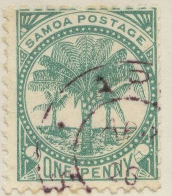 Stamp from Gösta Bodman’s philatelistic collection of motifs, begun in 1950.
Stamp from Samoa Islands, 1887. Motif of coconut palms.
