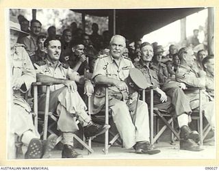 BOUGAINVILLE. 1945-03-24. GENERAL SIR THOMAS A. BLAMEY, COMMANDER-IN-CHIEF, ALLIED LAND FORCES, SOUTH WEST PACIFIC AREA (3), AMONG SENIOR OFFICERS ATTENDING THE SEMI FINAL OF THE 15 INFANTRY ..