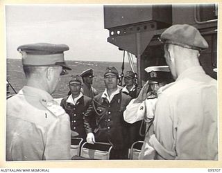 AT SEA OFF RABAUL, NEW BRITAIN. 1945-09-04. PRE- SURRENDER DISCUSSIONS ABOARD HMAS VENDETTA AT A SEA RENDEZVOUS OFF RABAUL BETWEEN REPRESENTATIVES OF LIEUTENANT GENERAL V.A.H. STURDEE, GENERAL ..