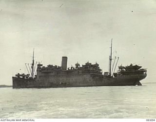 AITAPE, NEW GUINEA. 1944-11-01. THE AMERICAN TROOPSHIP MEXICO WITH MEMBERS OF HQ 6 DIVISION ABOARD. THE SHIP TRANSPORTED THE FIRST UNITS OF 6 DIVISION TO AITAPE FROM CAIRNS BETWEEN 1944-10-28 AND ..