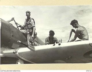 RAMU VALLEY, NEW GUINEA. 1944-01-02. FLYING OFFICER L.G. ELLERS (1) WITH LEADING AIRCRAFTMAN A. GREY (2) AND LEADING AIRCRAFTMAN K. GREENUP (3), ARMOURERS OF "A" FLIGHT NO. 4 (TACTICAL ..