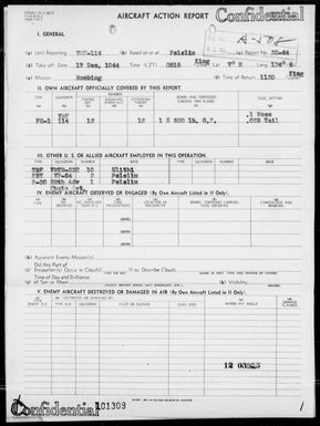 VMF-114 - ACA Reps Nos 30-44 to 33-44 - Bombing of Yap, Carolines & Babelthuap Is, Palau Is 12/17-19/44