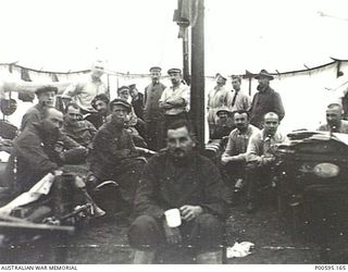 PROBABLY HOLSWORTHY INTERNMENT CAMP, NSW, C.1914. GERMAN PRISONERS NEWLY ARRIVED FROM NEW GUINEA INSIDE LARGE TENT. (ORIGINAL ALBUM HELD IN AWM ARCHIVE STORE). (DONOR: R.A. SANDS)