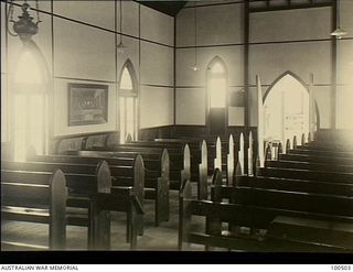 Port Moresby, New Guinea. 1944-06-06. The interior of St John's Church of England, showing the new pews and the renovations to the Church built by members of 10 Anti-Aircraft Fortress Company