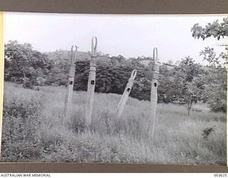 PORT MORESBY - FORMER TRIBAL CHIEF'S PLATFORM SUPPORTS. FROM THIS PLACE THE CHIEF AND COUNCILLORS ADDRESSED THE TRIBE ON FESTIVE OCCASIONS OR BEFORE A TRIBAL WAR. ABOUT 4 MILES FROM PORT MORESBY. ..