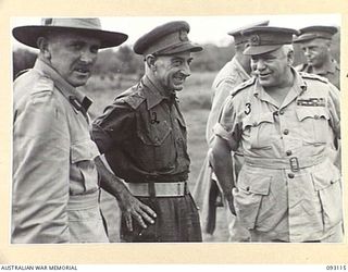 WEWAK AREA, NEW GUINEA, 1945-06-14. GENERAL SIR THOMAS A. BLAMEY, COMMANDER-IN-CHIEF, ALLIED LAND FORCES, SOUTH WEST PACIFIC AREA (3), IN CONVERSATION WITH LT-GEN F.H. BERRYMAN, CHIEF OF GENERAL ..